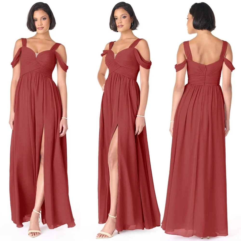 Azazie Lianna Rust A-Line Off The Shoulder Chiffon Dress